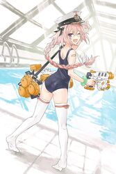  1boy ;d april_fools bandaid bow braid fang fate/apocrypha fate_(series) from_behind hair_bow hat konoe_ototsugu long_hair looking_back official_art open_mouth peaked_cap pink_hair pool rei_no_pool ribbon rider_of_black school_swimsuit single_braid smile swimsuit thighhighs trap violet_eyes water_gun white_legwear wink 