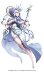  1girl alternate_costume blue_eyes breasts chaos_heroes_online company_name copyright_name full_body gloves herjuna highres jewelry long_hair love_cacao necklace official_art purple_hair shoes simple_background snowflakes solo staff very_long_hair white_background 