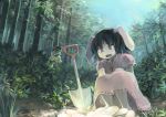  2girls animal_ears bamboo bamboo_forest black_hair blue_sky carrot dress forest hat hat_ribbon ichiba_youichi inaba_tewi jewelry komeiji_koishi multiple_girls nature necklace open_mouth pendant pink_dress puffy_short_sleeves puffy_sleeves rabbit_ears red_eyes ribbon shirt short_sleeves shovel silver_hair sky squatting touhou upskirt worktool 