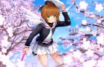  1girl brown_hair cardcaptor_sakura cherry_blossoms green_eyes hand_on_headwear hat highres kinomoto_sakura mutsuki_(moonknives) school_uniform serafuku short_hair smile solo 