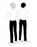  2boys black_hair facing_away from_behind grey_hair hands_on_hips line_shading monochrome multiple_boys original pants re:i school_uniform shoes side-by-side simple_background sketch white_background 