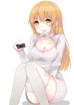  +_+ 1girl absurdres blonde_hair blush breasts cleavage cleavage_cutout controller highres long_hair looking_at_viewer mouth_hold nikinoko open-chest_sweater remote_control shokuhou_misaki simple_background smile solo sweater thigh-highs to_aru_kagaku_no_railgun to_aru_majutsu_no_index white_background white_legwear yellow_eyes 