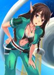  1girl :o belt bra braid breasts brown_eyes brown_hair center_opening cleavage collarbone hand_on_hip highres jewelry leaning_forward long_hair looking_at_viewer navel necklace open_mouth phantasy_star phantasy_star_online_2 pointy_ears ryou@ryou solo star_(sky) twin_braids ulc underwear 
