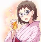  &gt;:d 1girl :d alcohol beer blue_eyes blush brown_hair drinking_glass e20 glasses iguchi_yumi japanese_clothes kimono open_mouth outline shirobako short_hair simple_background smile white_outline 