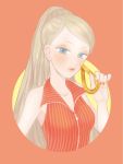  1girl blue_eyes churro face high_ponytail honey_churro jojon light_brown_hair long_hair looking_at_viewer mister_donut nail_polish orange_nails parted_lips personification simple_background sleeveless solo upper_body very_long_hair 