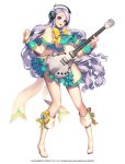  1girl blue_eyes boots braid chaos_heroes_online company_name copyright_name dress full_body guitar happy headphones highres instrument knee_boots long_hair love_cacao mayreel official_art pigeon-toed purple_hair simple_background solo standing white_background white_boots 