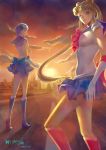  2girls absurdres bishoujo_senshi_sailor_moon blonde_hair blue_boots blue_bow blue_hair blue_skirt boots cityscape elbow_gloves evening gloves highres knee_boots looking_at_viewer mizuno_ami multiple_girls parted_lips red_boots red_bow sailor_mercury sailor_moon signature skirt sunlight sunset tsukino_usagi twilight twintails white_gloves zoe_(zoelawliet) 