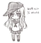  chibi hat hibiki_(kantai_collection) kantai_collection long_hair lowell_(ouranoss2kanata) monochrome school_uniform serafuku standing translated 