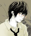  1boy glasses looking_at_viewer loose_necktie mole mole_under_eye monochrome muted_color necktie open_collar original plant re:i realistic red-framed_glasses sepia solo spot_color tan_background upper_body 