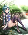  1girl asuna_(sao) asuna_(sao-alo) blue_eyes blue_hair hk_(hk) long_hair pointy_ears sitting sword_art_online thigh-highs torn_clothes torn_thighhighs vines water 