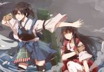  2girls akagi_(kantai_collection) black_hair blood blood_on_face brown_eyes brown_hair clouds cloudy_sky cuts ghost_(ghost528) injury japanese_clothes kaga_(kantai_collection) kantai_collection long_hair multiple_girls protecting short_hair side_ponytail skirt sky thigh-highs water yellow_eyes zettai_ryouiki 