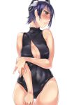  blush breasts cleavage covered_navel eyepatch front_zipper_swimsuit headgear highres kantai_collection large_breasts one-piece_swimsuit purple_hair short_hair standing swimsuit telescopic tenryuu_(kantai_collection) thigh_gap yellow_eyes 