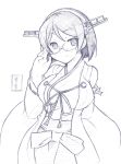 1girl artist_name bare_shoulders detached_sleeves glasses headgear highres japanese_clothes kanon_(kurogane_knights) kantai_collection kirishima_(kantai_collection) looking_at_viewer monochrome nontraditional_miko short_hair sketch smile solo translated 