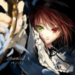  1girl brown_hair dated fancybetty green_eyes hat heterochromia looking_at_viewer neck_ribbon outstretched_arm red_eyes ribbon rozen_maiden sketch solo souseiseki 