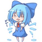  1girl blue_bow blue_dress blue_hair blush_stickers bow cirno dress hair_between_eyes kisa_(k_isa) open_mouth short_hair short_sleeves simple_background solo touhou white_background 