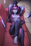  1girl amelie_lacroix arms_behind_head barefoot black_hair bodysuit breasts brown_eyes bullet couch feet high_ponytail highres hips lips long_hair looking_at_viewer lying on_back overwatch parted_lips ponytail purple_skin revision shadow shiny shiny_clothes since solo thighs toes visor widowmaker_(overwatch) 