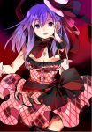  1girl argyle breasts cleavage dress fate/stay_night fate_(series) frilled_dress frills hair_ribbon matou_sakura purple_hair ribbon solo sunameri_oishii violet_eyes 