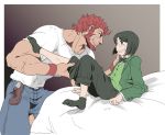  2boys beard bessend black_hair bowtie facial_hair fate/zero fate_(series) green_eyes highres multiple_boys red_eyes redhead rider_(fate/zero) t-shirt waver_velvet 