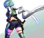  1girl black_gloves fingerless_gloves from_behind gloves green_eyes green_hair gun handgun highres looking_back midriff pistol scarf shinon_(sao) short_hair shorts solo sword_art_online tsukira_(amayadori) weapon 