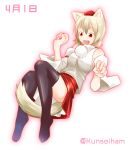  1girl animal_ears artist_name bare_shoulders black_legwear breasts detached_sleeves fang hat inubashiri_momiji kunsei_hamu open_mouth pom_pom_(clothes) red_eyes short_hair silver_hair simple_background skirt solo tail tokin_hat touhou white_background wolf_ears wolf_tail 