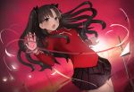  1girl black_hair blue_eyes ccaw command_spell dutch_angle fate/stay_night fate_(series) field_of_blades hair_ribbon highres planted_sword planted_weapon red ribbon solo sword thigh-highs toosaka_rin two_side_up weapon 