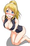  1girl ayase_eli blonde_hair blue_eyes blush breasts cleavage front_zipper_swimsuit highres love_live!_school_idol_project one-piece_swimsuit ponytail swimsuit tjk 
