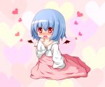  1girl bat_wings blue_hair detached_wings fang hair_between_eyes heart heart_background kisa_(k_isa) long_sleeves open_mouth oversized_clothes red_eyes remilia_scarlet short_hair sleeves_past_wrists solo touhou wings 
