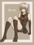  1girl alternate_costume bike_shorts black_boots blue_eyes boots breasts character_name elbow_gloves final_fantasy final_fantasy_type-0 gloves habbitrot knee_boots looking_at_viewer school_uniform seven_(fft-0) short_hair silver_hair sitting skirt solo 