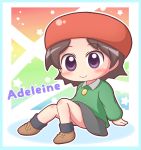  1girl adeleine black_hair black_skirt blush character_name chibi grouse01 hat highres kirby_(series) kirby_64 multicolored_background rainbow_background shirt shoes sitting skirt solo violet_eyes 