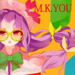  1girl bespectacled book bow bowtie capelet chestnut_mouth glasses hair_bow hair_ornament hat hat_bow highres long_hair looking_at_viewer mob_cap open_book open_mouth orange_background patchouli_knowledge purple_hair red_eyes shihou_(g-o-s) simple_background solo text touhou 