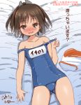  1girl 2015 bare_shoulders blush brown_eyes brown_hair dated i-401_(kantai_collection) kantai_collection looking_at_viewer naz ponytail school_swimsuit short_hair sketch smile solo swimsuit translation_request 