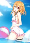  1girl absurdres aqua_eyes ass ball beachball blonde_hair clouds heterochromia highres looking_at_viewer one-piece_swimsuit open_mouth original red_eyes short_hair sky solo swimsuit tori_(king8162635) wading 