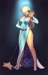  bare_shoulders blonde_hair blue_eyes dress glitter hair_over_one_eye jewelry lips super_mario_bros. microphone microphone_stand necklace robert_porter rosetta_(mario) side_slit strapless_dress super_mario_bros. super_mario_galaxy 