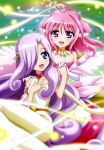  2girls absurdres ahoge aria_(dog_days) blue_eyes dog_days elbow_gloves gloves hair_over_one_eye hair_ribbon highres long_hair millhiore_f_biscotti multiple_girls nyantype open_mouth pink_hair ribbon tail very_long_hair violet_eyes 
