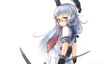 1girl bangs bespectacled blunt_bangs dress glasses gloves hair_ribbon headgear ice_(icegray) kantai_collection long_hair looking_at_viewer murakumo_(kantai_collection) necktie orange_eyes ribbon sailor_dress short_eyebrows short_sleeves silver_hair simple_background solo tress_ribbon white_background 