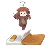  1girl :3 ahoge alternate_costume animal_costume bear_costume brown_hair closed_mouth futon kantai_collection kuma_(kantai_collection) long_hair mochi_teitoku simple_background solid_circle_eyes solo white_background 