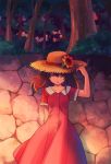  1girl arm_behind_back brown_hair closed_eyes collarbone dress flower hat original parted_lips red_dress shati short_sleeves solo stone_wall straw_hat tree wall 