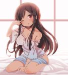  1girl :o a_channel bed black_hair blush breasts chihaya_72 cleavage large_breasts long_hair looking_at_viewer nishi_yuuko off_shoulder one_eye_closed red_eyes sitting solo tears wariza 
