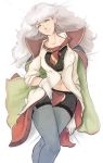  1girl 34no404 atelier_(series) atelier_escha_&amp;_logy dakimakura earrings gloves green_eyes head_tilt jewelry light_smile long_hair looking_at_viewer lying navel necktie on_back panties red_panties solo thigh-highs threia_hazelgrimm underwear white_gloves white_hair 