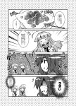  &gt;_&lt; 3girls 4koma :t ahoge bauxite closed_eyes comic futami_yayoi highres kantai_collection kiso_(kantai_collection) kuma_(kantai_collection) midriff monochrome multiple_girls navel open_mouth sailor sailor_collar short_hair short_sleeves tama_(kantai_collection) translation_request |_| 