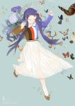  1girl blue_background butterfly closed_eyes dress flower highres kaninn long_hair original pale_skin purple_hair see-through simple_background solo 