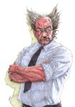  1boy absurdres bald_spot bespectacled crossed_arms eyebrows facial_hair glasses highres messy_hair mishima_heihachi muscle mustache necktie shirt sleeves_rolled_up solo tekken thick_eyebrows traditional_media unko2929 