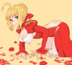  1girl :&gt; ahoge ass bent_over blonde_hair braid breasts cleavage dress epaulettes fate/extra fate_(series) green_eyes hair_bun hair_ribbon jean_(artist) large_breasts petals red_dress ribbon saber_extra solo 