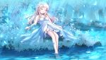  1girl bare_arms bare_legs bare_shoulders barefoot blue closed_eyes dress forest highres long_hair nature original pond risutaru silver_hair soaking_feet solo white_dress 