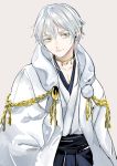  1boy choker hakama japanese_clothes kimono male_focus silver_hair simple_background solo touken_ranbu tsurumaru_kuninaga yan&#039;yo_(yan&#039;yan&#039;yo) yellow_eyes 