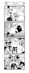  4koma 6+girls absurdres adjusting_hair alternate_hairstyle anchovy animal_ears belt beret blush braid carpaccio cat_ears closed_eyes comic dress_shirt drill_hair fake_animal_ears girls_und_panzer glasses hair_ribbon hat highres holding long_hair miniskirt monochrome multiple_girls nanashiro_gorou necktie o_o open_mouth pepperoni_(girls_und_panzer) pleated_skirt ribbon riding_crop shirt short_hair single_braid skirt smile stairs standing sweatdrop twin_drills twintails whispering |_| 