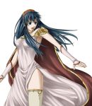  1girl armpits bare_shoulders blue_eyes blue_hair delsaber dress fire_emblem fire_emblem:_fuuin_no_tsurugi hat jewelry lilina long_hair open_mouth side_slit simple_background solo thigh-highs white_background white_dress white_legwear 