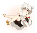  1girl :&lt; animal_ears ass bare_shoulders barefoot_sandals belly bike_shorts blush breasts fat_folds geta hitotsubashi_inari inubashiri_momiji legs looking_at_viewer lying no_hat on_back plump red_eyes short_hair silver_hair skindentation skirt solo tail taut_clothes taut_shirt touhou tsurime upskirt vambraces wolf_ears wolf_tail 