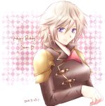  1girl blue_eyes breasts character_name dated final_fantasy final_fantasy_type-0 happy_birthday heart looking_at_viewer school_uniform seven_(fft-0) short_hair silver_hair smile solo 
