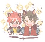  2boys aizen_kunitoshi animal_ears blush brown_hair fangs japanese_clothes kemonomimi_mode long_hair looking_at_viewer lowres male_focus multiple_boys mutsu-no-kami_yoshiyuki open_mouth redhead sarashi sheath sheathed short_hair sparkle_eyes sweat sword touken_ranbu weapon white_background yan&#039;yo_(yan&#039;yan&#039;yo) 